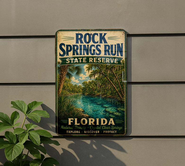 A vintage-style sign for the Rock Springs Run State Reserve in Florida, featuring a tropical landscape with palm trees and a river.