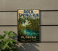 A vintage-style sign for the Rock Springs Run State Reserve in Florida, featuring a tropical landscape with palm trees and a river.