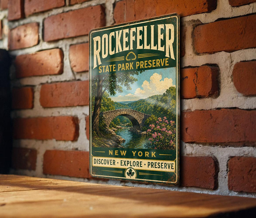 A vintage-style metal sign for Rockefeller State Park Preserve, featuring a scenic landscape with a bridge and flowers, mounted on a brick wall.