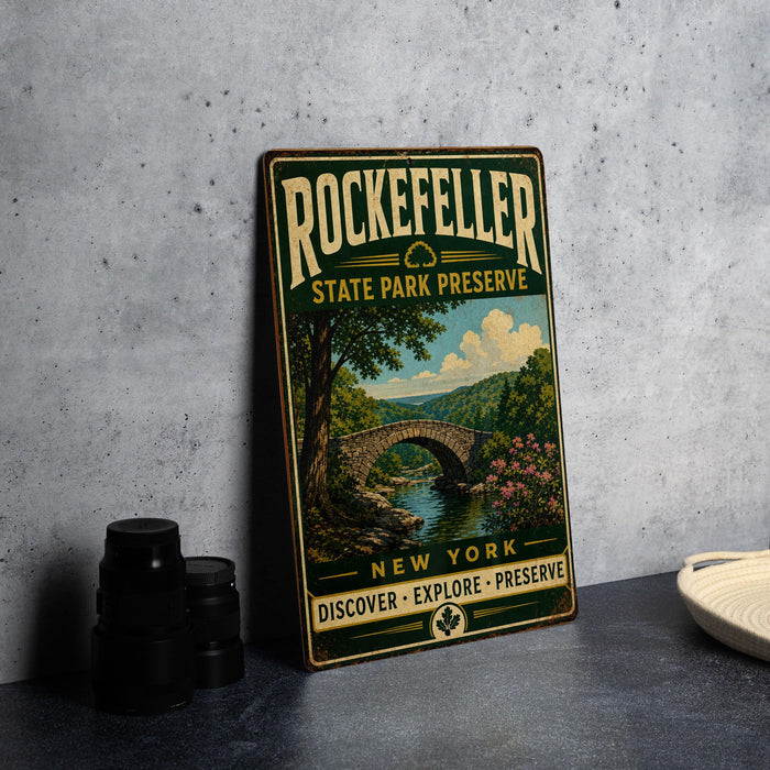 A vintage-style metal sign for Rockefeller State Park Preserve, featuring a scenic landscape with a bridge and trees, is displayed on a gray countertop next to some black camera lenses.