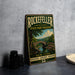 A vintage-style metal sign for Rockefeller State Park Preserve, featuring a scenic landscape with a bridge and trees, is displayed on a gray countertop next to some black camera lenses.