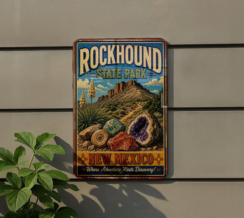 A vintage-style metal sign for Rockhound State Park in New Mexico, featuring a desert landscape with mountains, cacti, and colorful rocks.