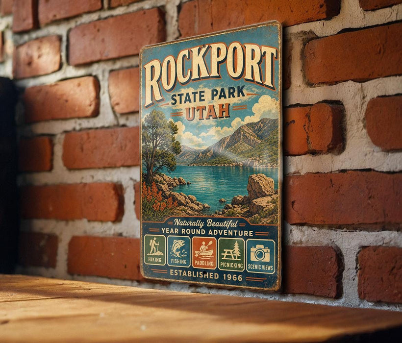 A vintage-style metal sign for Rockport State Park in Utah, featuring a scenic landscape with mountains, water, and various outdoor activities.