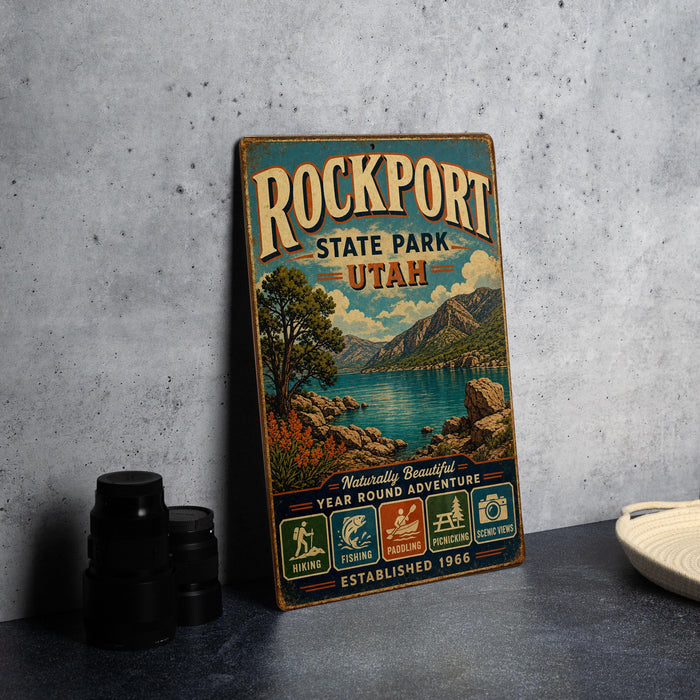 A vintage-style sign for Rockport State Park in Utah, featuring a scenic landscape with mountains, water, and a lake.