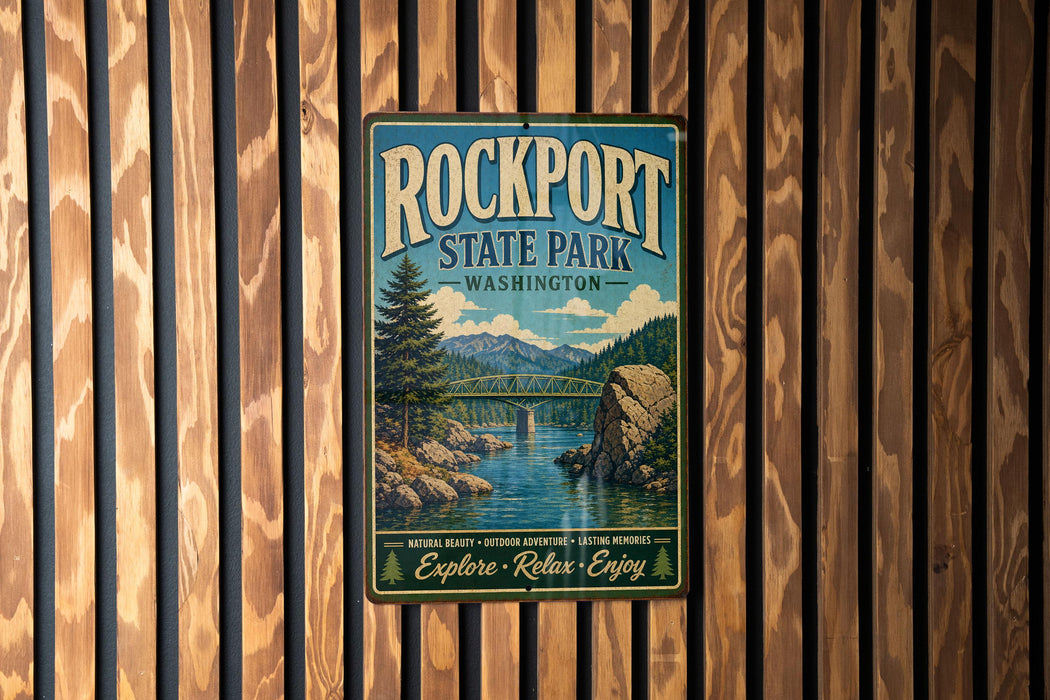 A vintage-style metal sign for Rockport State Park in Washington, featuring a scenic landscape with a bridge and mountains in the background.