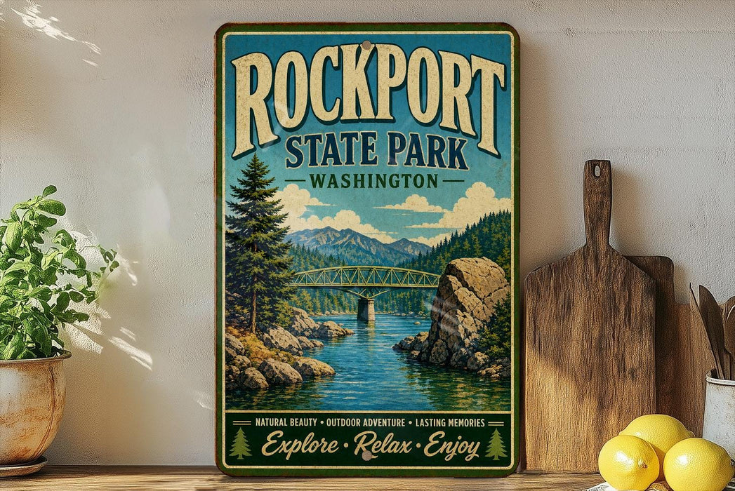 A vintage-style sign for Rockport State Park in Washington, featuring a scenic landscape with a bridge, mountains, and a river.