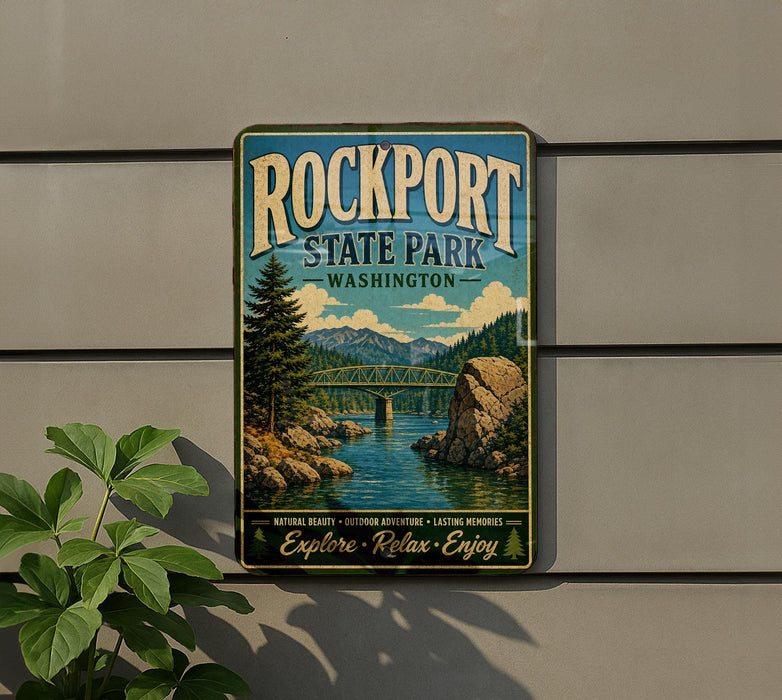 A vintage-style sign for Rockport State Park in Washington, featuring a scenic landscape with a bridge, mountains, and a river.