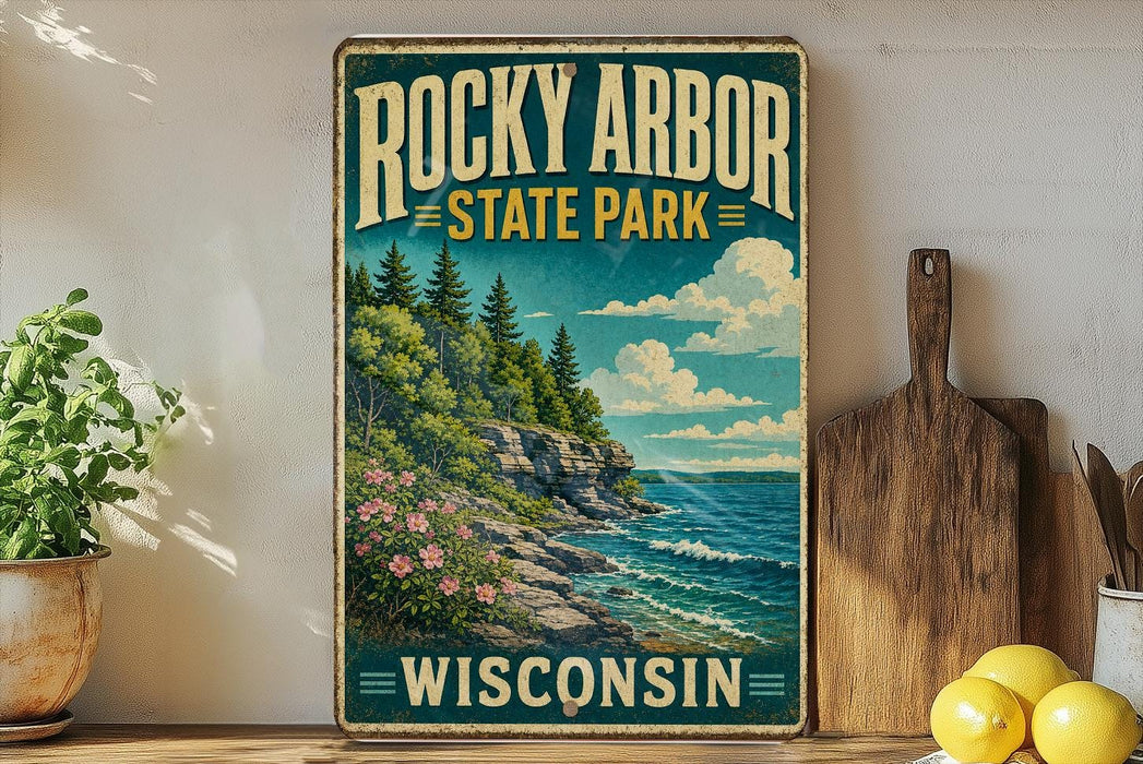 A vintage-style poster of Rocky Arbor State Park in Wisconsin, featuring a scenic landscape with pine trees, cliffs, and a body of water.