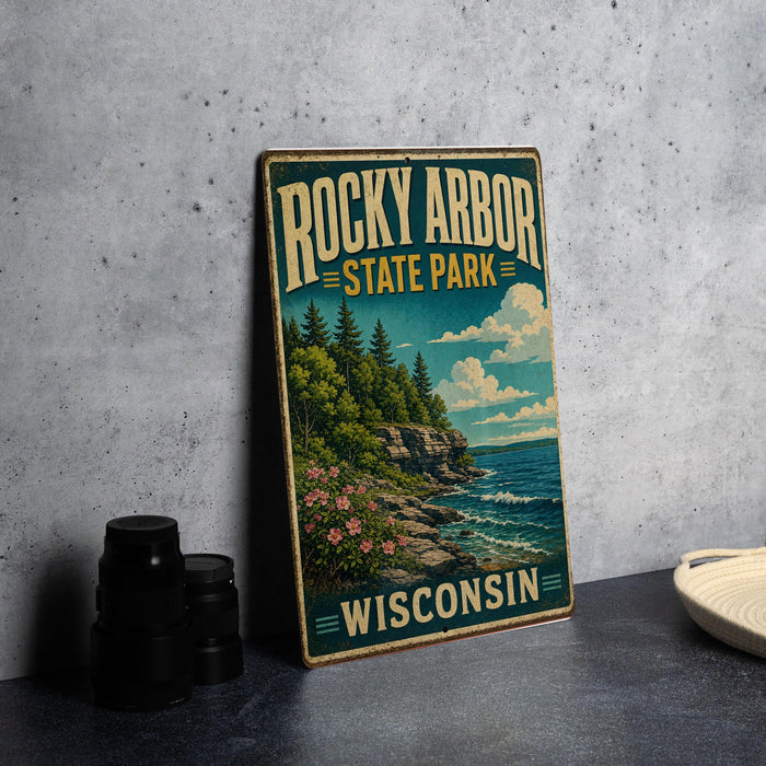 A vintage-style metal sign for Rocky Arbor State Park in Wisconsin, featuring a scenic landscape with pine trees, a rocky cliff, and a body of water.