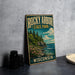 A vintage-style metal sign for Rocky Arbor State Park in Wisconsin, featuring a scenic landscape with pine trees, a rocky cliff, and a body of water.