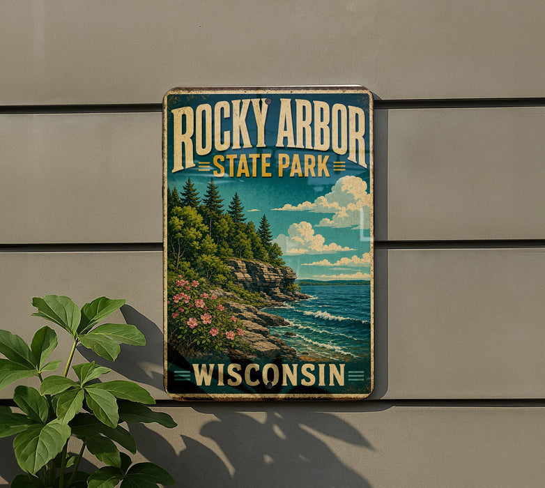 A vintage-style sign for Rocky Arbor State Park in Wisconsin, featuring a scenic landscape with a cliff, trees, and a body of water.