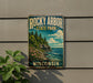 A vintage-style sign for Rocky Arbor State Park in Wisconsin, featuring a scenic landscape with a cliff, trees, and a body of water.