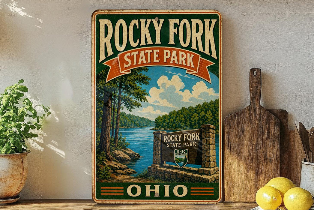 A vintage-style sign for Rocky Fork State Park in Ohio, featuring a scenic landscape with a river, trees, and a wooden signpost.