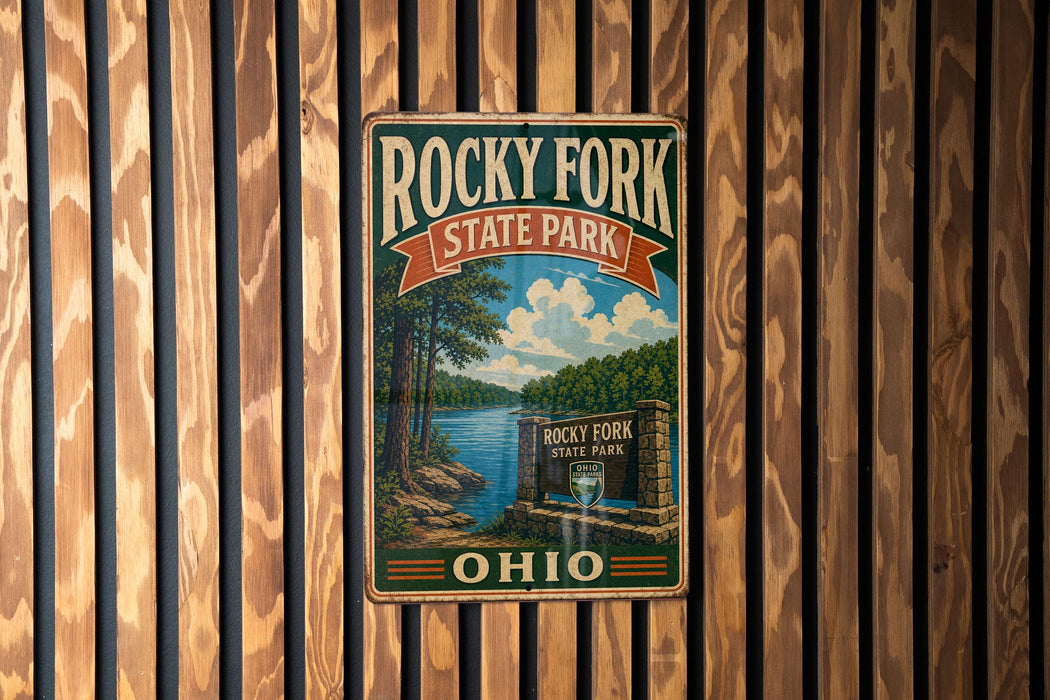 A vintage-style metal sign for Rocky Fork State Park in Ohio, featuring a scenic landscape with a lake and trees.