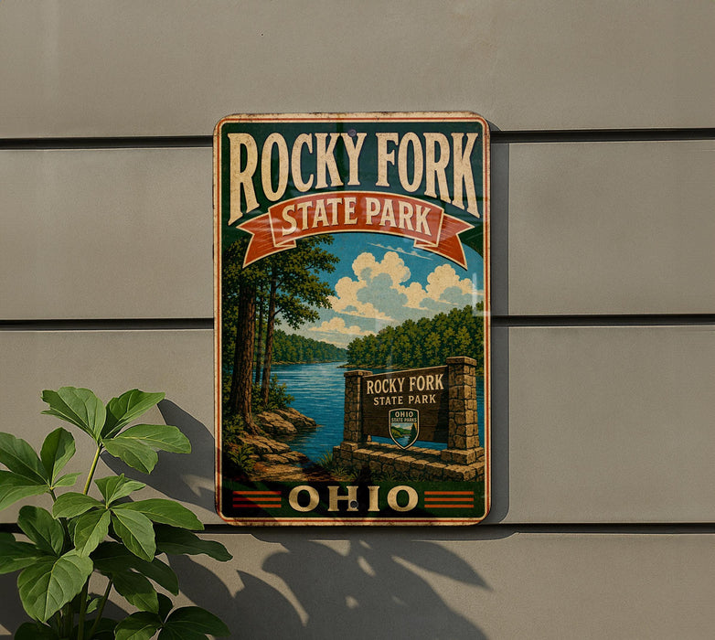 A vintage-style sign for Rocky Fork State Park in Ohio, featuring a scenic landscape with a lake and forest.