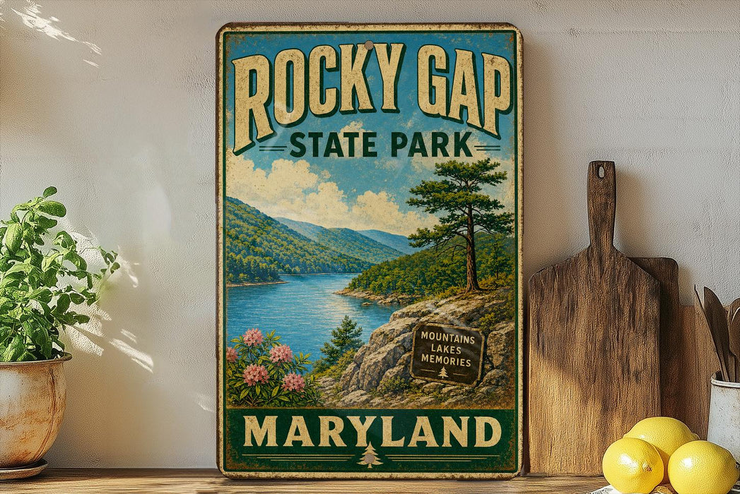 A vintage-style sign for Rocky Gap State Park in Maryland, featuring a scenic mountain landscape with a lake and pine trees.