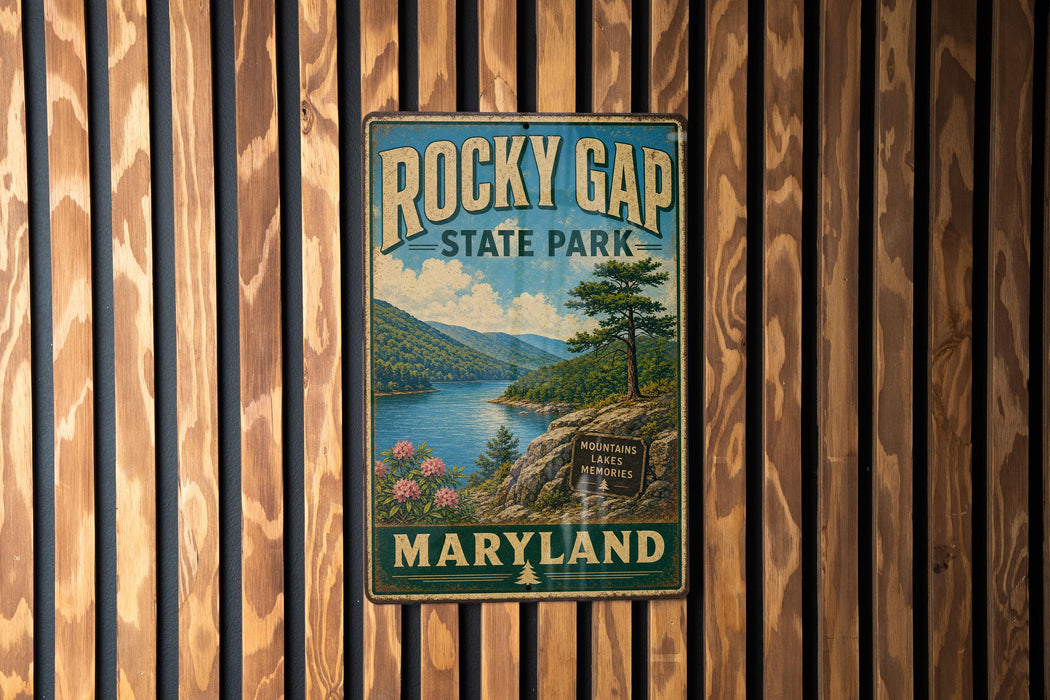 A vintage-style metal sign for Rocky Gap State Park in Maryland, featuring a scenic landscape with mountains, a lake, and a pine tree.