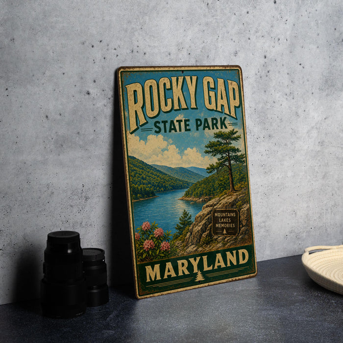 A vintage-style metal sign for Rocky Gap State Park in Maryland, featuring a scenic landscape with mountains, lakes, and a pine tree.