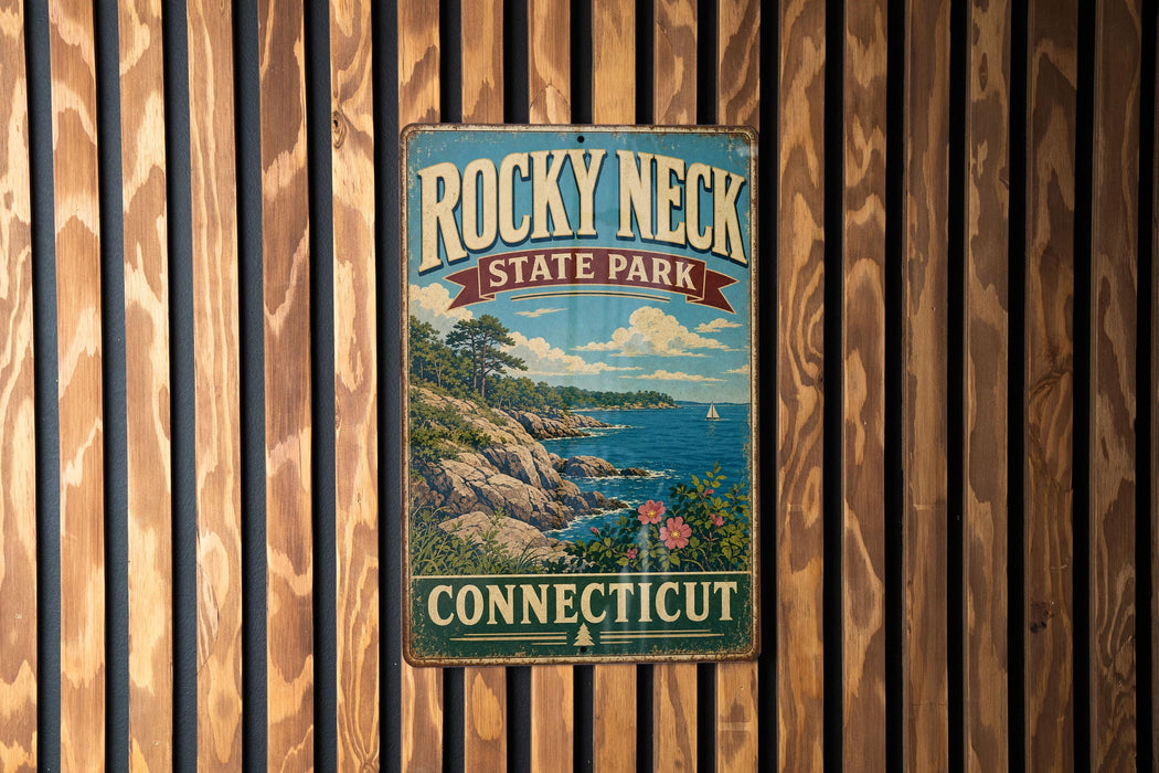 A vintage-style metal sign for Rocky Neck State Park in Connecticut, featuring a scenic landscape with a rocky coastline, a lake, and a sailboat.