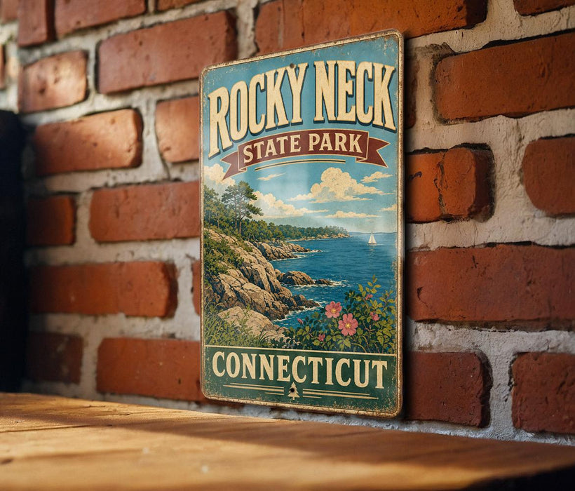 A vintage-style sign for Rocky Neck State Park in Connecticut, featuring a scenic coastal landscape with a rocky shoreline, a sailboat on the water, and a cloudy sky.