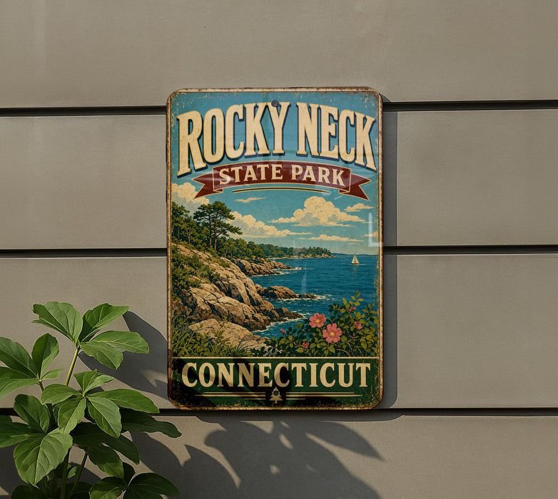 A vintage-style sign for Rocky Neck State Park in Connecticut, featuring a scenic coastal landscape with rocky cliffs, a body of water, and a small sailboat.