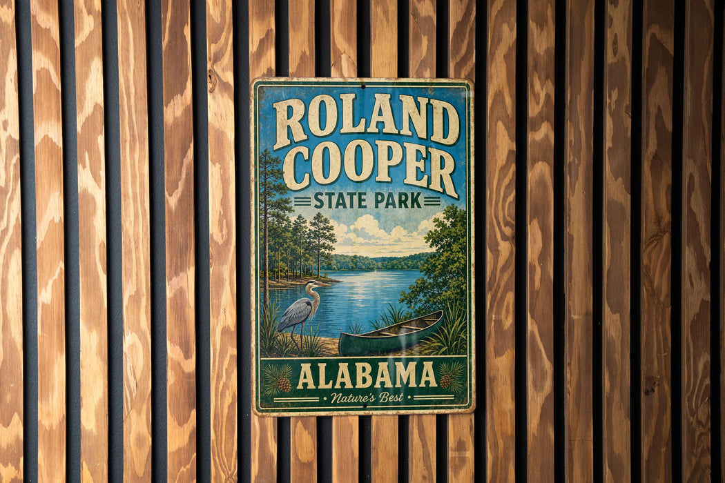 A vintage-style metal sign for Roland Cooper State Park in Alabama, featuring a scenic illustration of a lake, trees, and a bird.