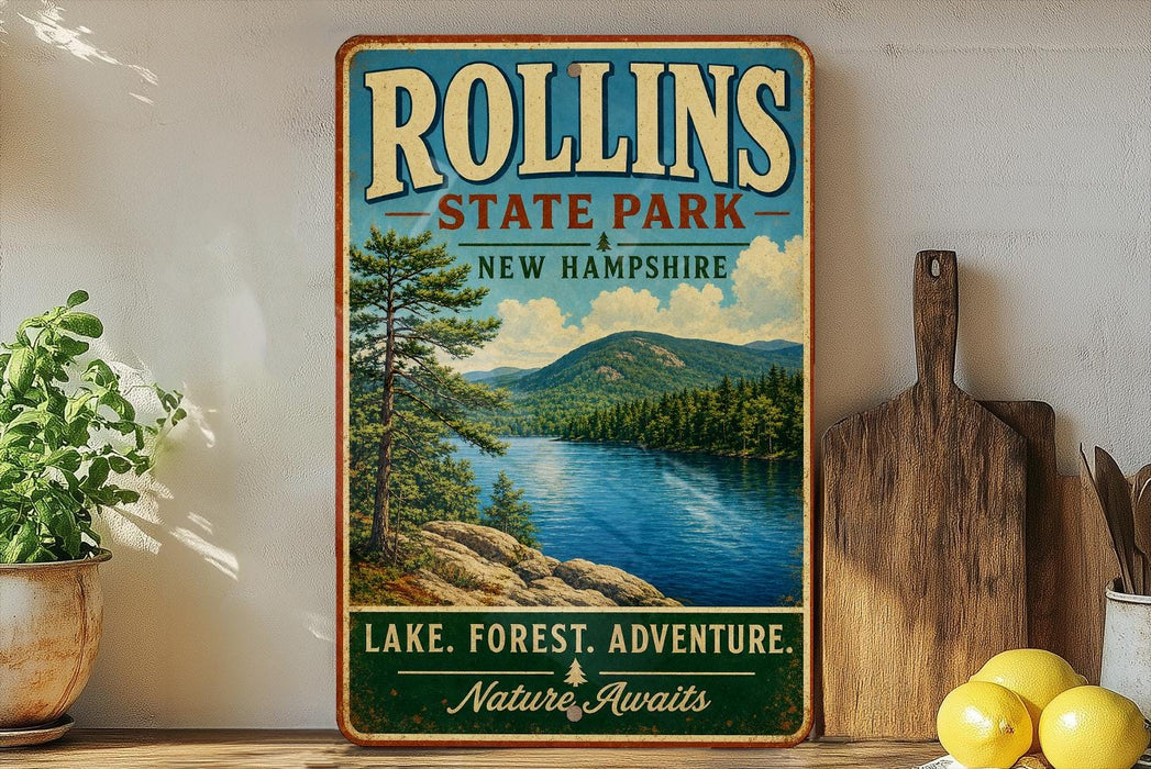 A vintage-style metal sign for Rollins State Park in New Hampshire, featuring a scenic image of a lake surrounded by pine trees and mountains.