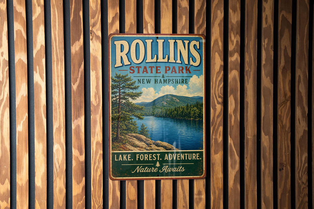 A vintage metal sign for Rollins State Park in New Hampshire, featuring a scenic image of a lake surrounded by pine trees and mountains.