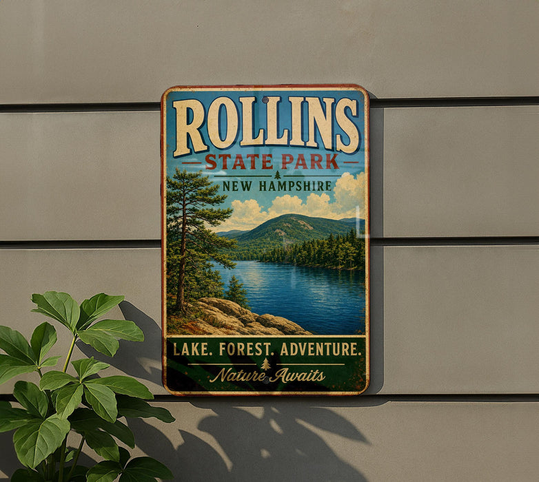 A vintage-style metal sign for Rollins State Park in New Hampshire, featuring a scenic image of a lake surrounded by forest and mountains.