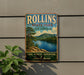 A vintage-style metal sign for Rollins State Park in New Hampshire, featuring a scenic image of a lake surrounded by forest and mountains.