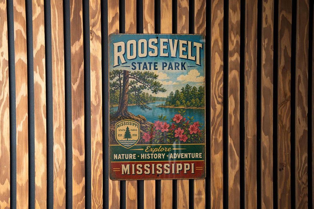 A vintage metal sign for Roosevelt State Park, featuring a scenic landscape with a lake, pine trees, and flowers.