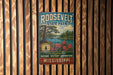 A vintage metal sign for Roosevelt State Park, featuring a scenic landscape with a lake, pine trees, and flowers.