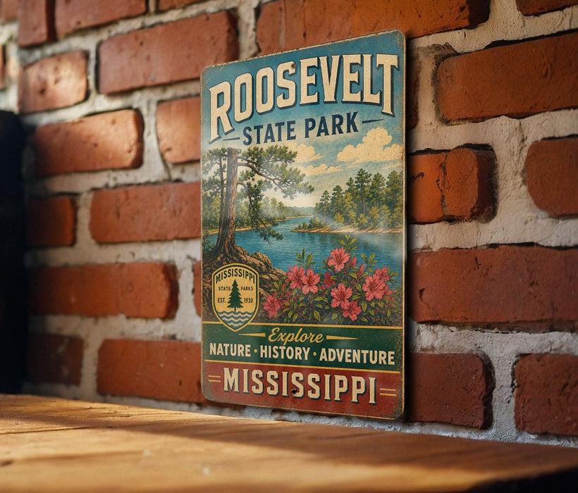 A vintage-style metal sign for Roosevelt State Park, featuring a scenic landscape with a lake, trees, and flowers, mounted on a brick wall.