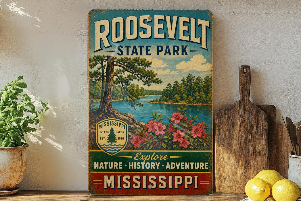 A vintage-style sign for Roosevelt State Park, featuring a scenic landscape with a river, pine trees, and pink flowers.