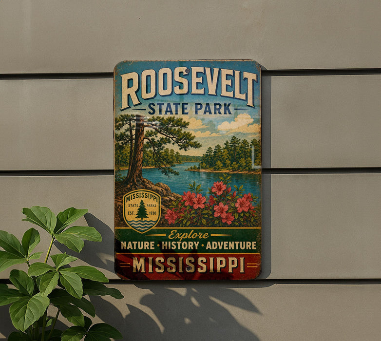 A vintage-style metal sign for Roosevelt State Park, featuring a scenic landscape with a lake, pine trees, and flowers.