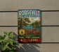 A vintage-style metal sign for Roosevelt State Park, featuring a scenic landscape with a lake, pine trees, and flowers.
