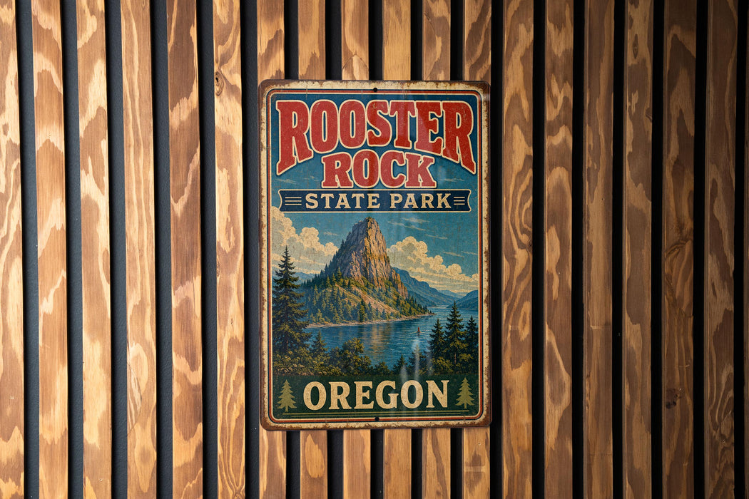 A vintage metal sign for Rooster Rock State Park in Oregon, featuring a mountain landscape and the text "Rooster Rock State Park Oregon".