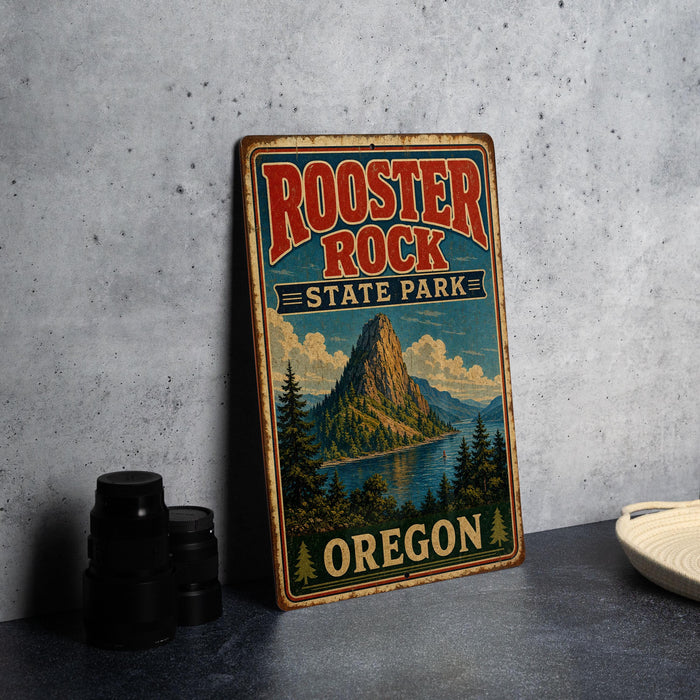 A vintage-style sign for Rooster Rock State Park in Oregon, featuring a mountain landscape and text.