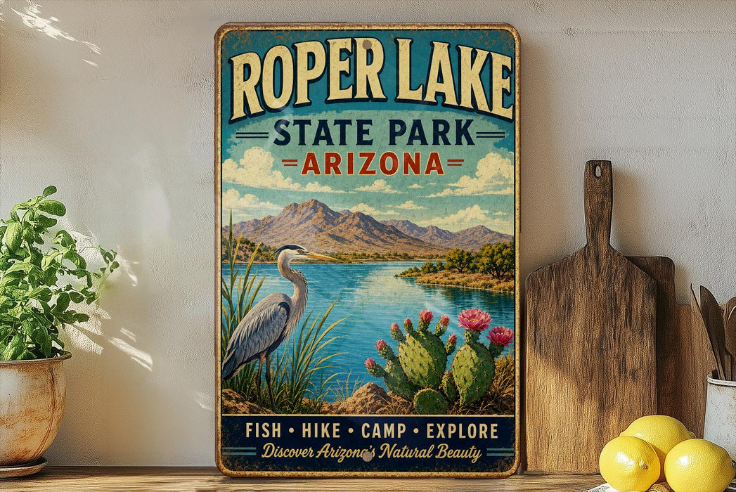 A vintage-style sign for Roper Lake State Park in Arizona, featuring a scenic landscape with mountains, a lake, and various plants and wildlife.