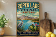 A vintage-style sign for Roper Lake State Park in Arizona, featuring a scenic landscape with mountains, a lake, and various plants and wildlife.