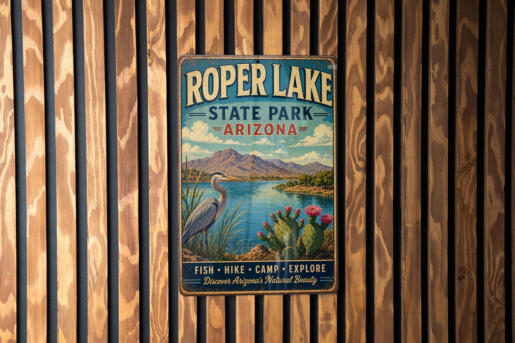 A vintage metal sign for Roper Lake State Park, Arizona, featuring a scenic landscape with mountains, a lake, and various flora.