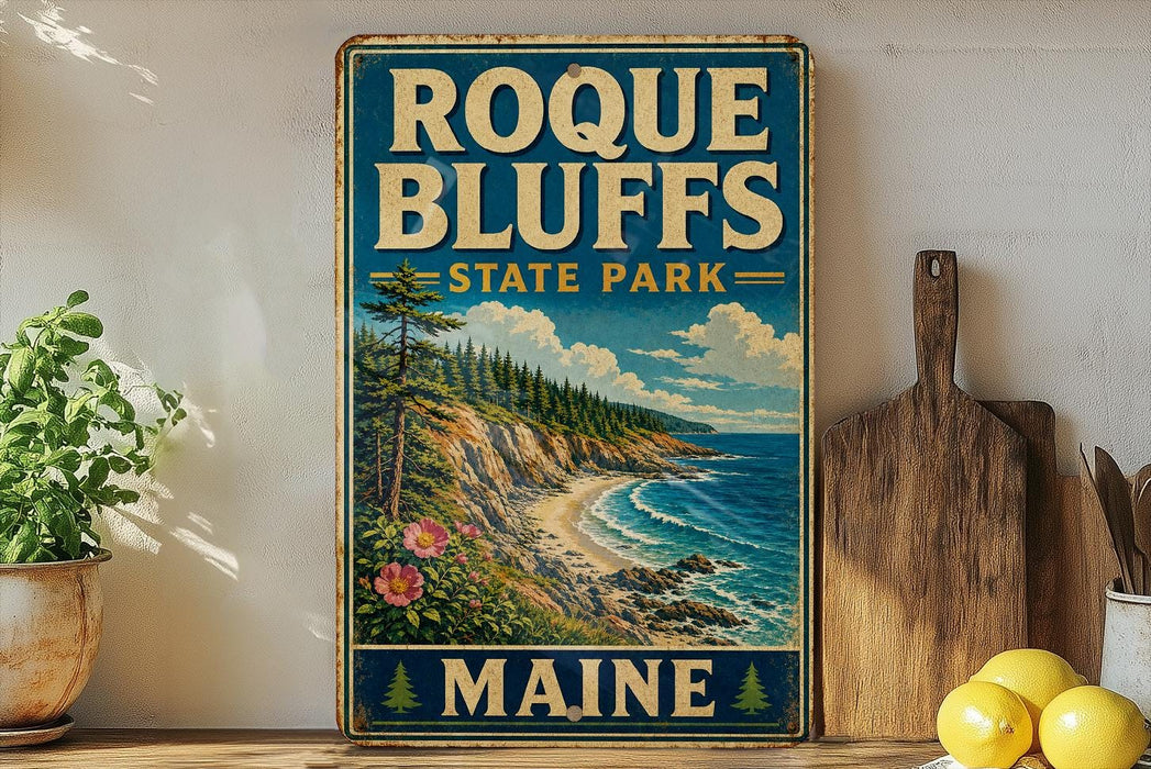 A vintage-style metal sign for Roque Bluffs State Park in Maine, featuring a scenic coastal landscape with pine trees, cliffs, and a beach.