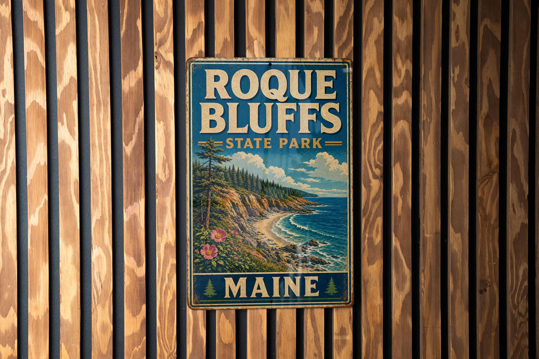 A vintage metal sign for Roque Bluffs State Park in Maine, featuring a scenic landscape with a beach, mountains, and a pine tree.