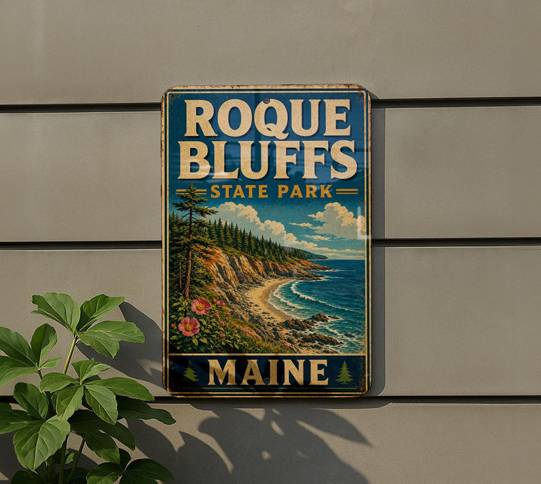 A vintage-style metal sign for Roque Bluffs State Park in Maine, featuring a scenic coastal landscape with a rocky cliff, pine trees, and a body of water.