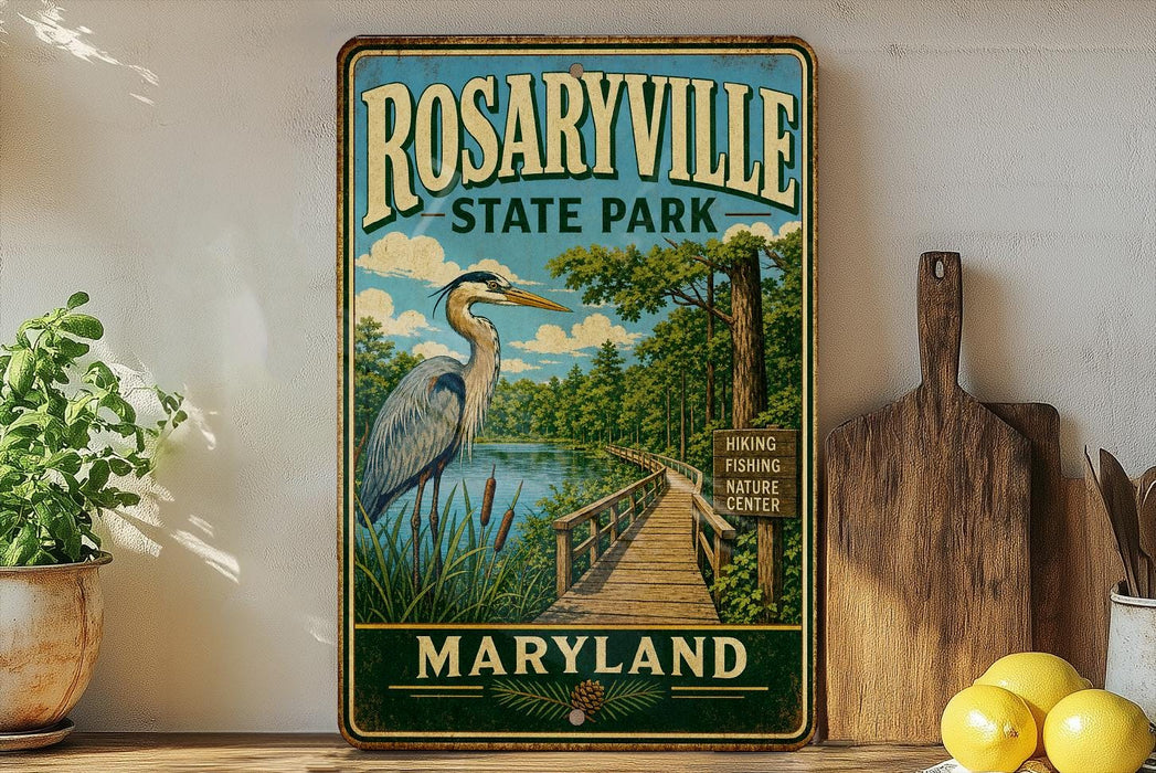 A vintage-style metal sign for Rosaryville State Park in Maryland, featuring a heron and a wooden boardwalk.