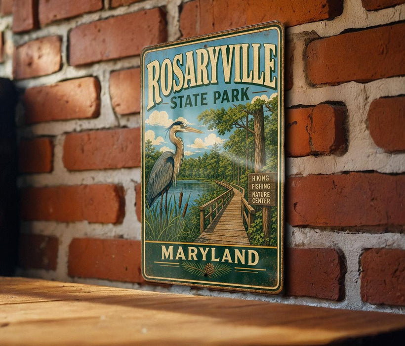 A vintage metal sign for Rosaryville State Park in Maryland, featuring a scenic illustration of a wooden bridge, a heron, and a body of water.