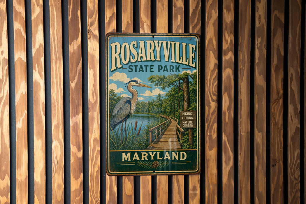 A metal sign for Rosaryville State Park in Maryland, featuring a scenic illustration of a bird and a wooden walkway leading to a lake.