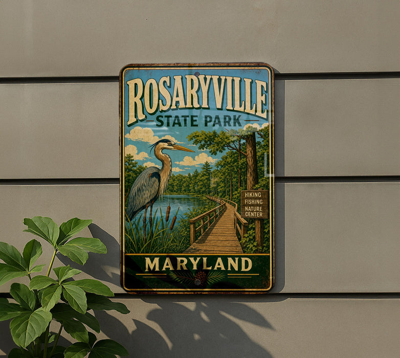 A vintage metal sign for Rosaryville State Park in Maryland, featuring a scenic illustration of a bird and a wooden boardwalk.