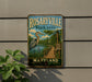 A vintage metal sign for Rosaryville State Park in Maryland, featuring a scenic illustration of a bird and a wooden boardwalk.