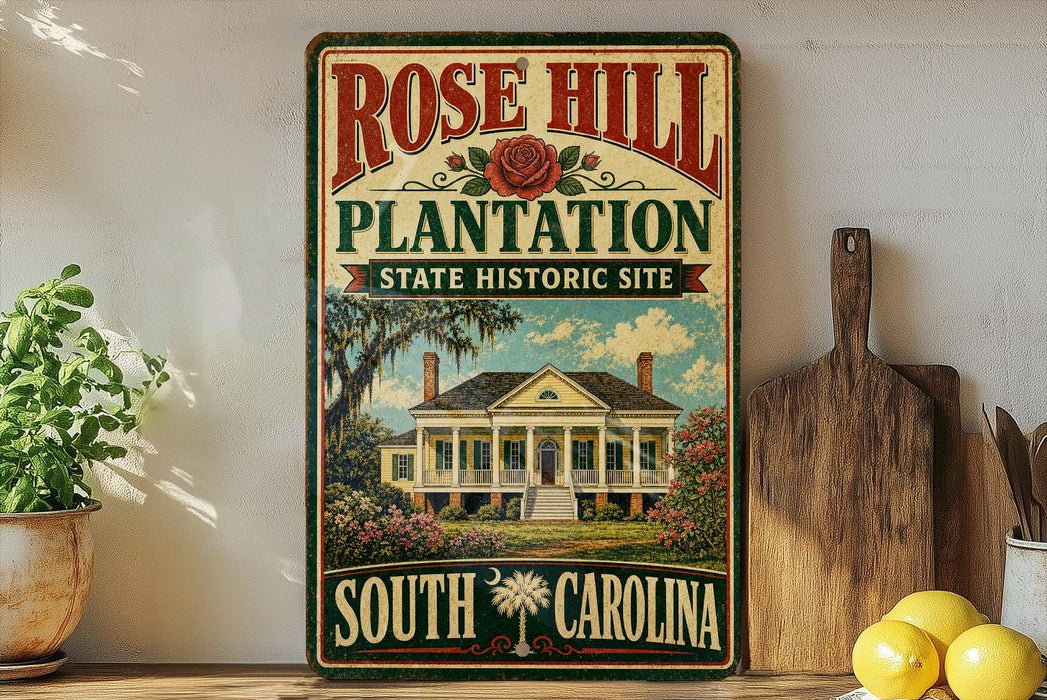 A vintage-style sign for Rose Hill Plantation, a historic site in South Carolina, featuring a house surrounded by trees and flowers.